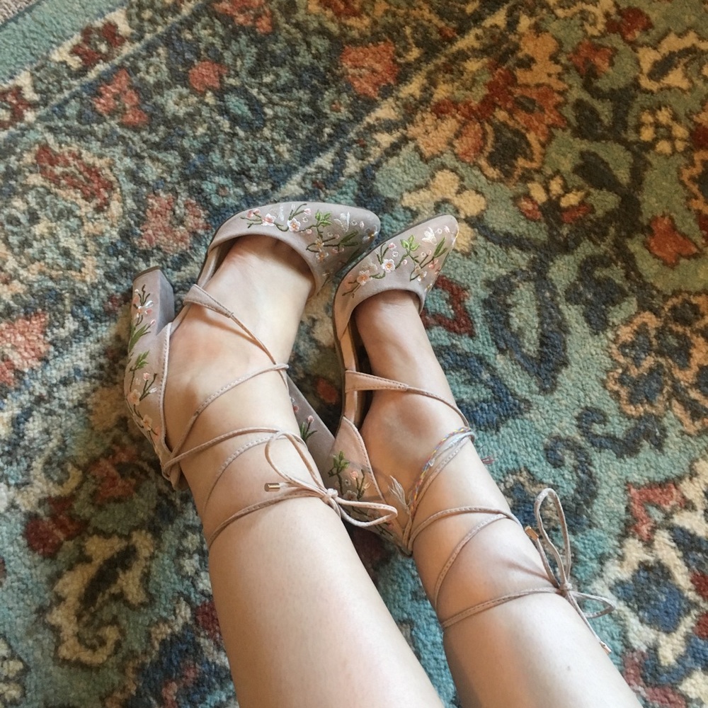 Pink flower embroidered lace up heels